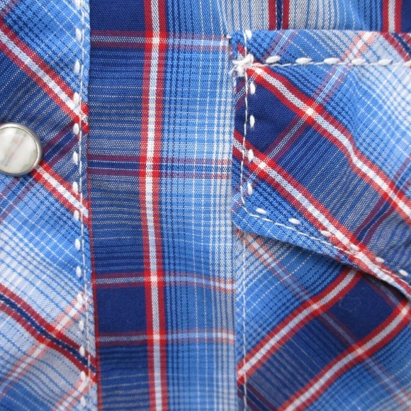 Wrangler Shirt Adult 2XL XXL Pearl Snap Blue Red Tartan Plaid Mens Button Down - Picture 3 of 13